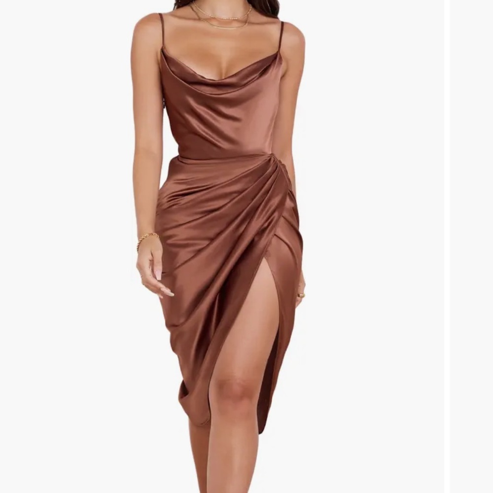 House of CB Brown Riva Satin Gathered Corset Dress